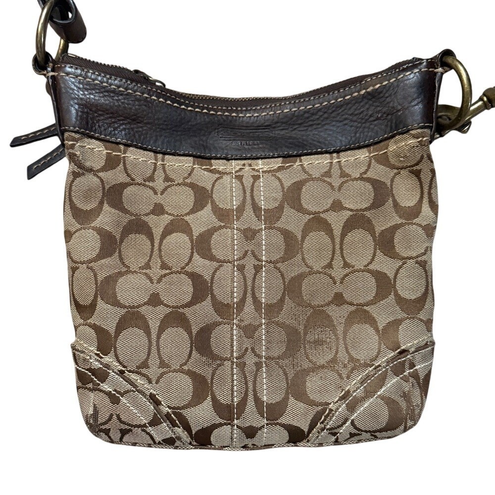 Vintage Y2K COACH Signature Monogram Crossbody Khaki & Brown Minimalist Preppy